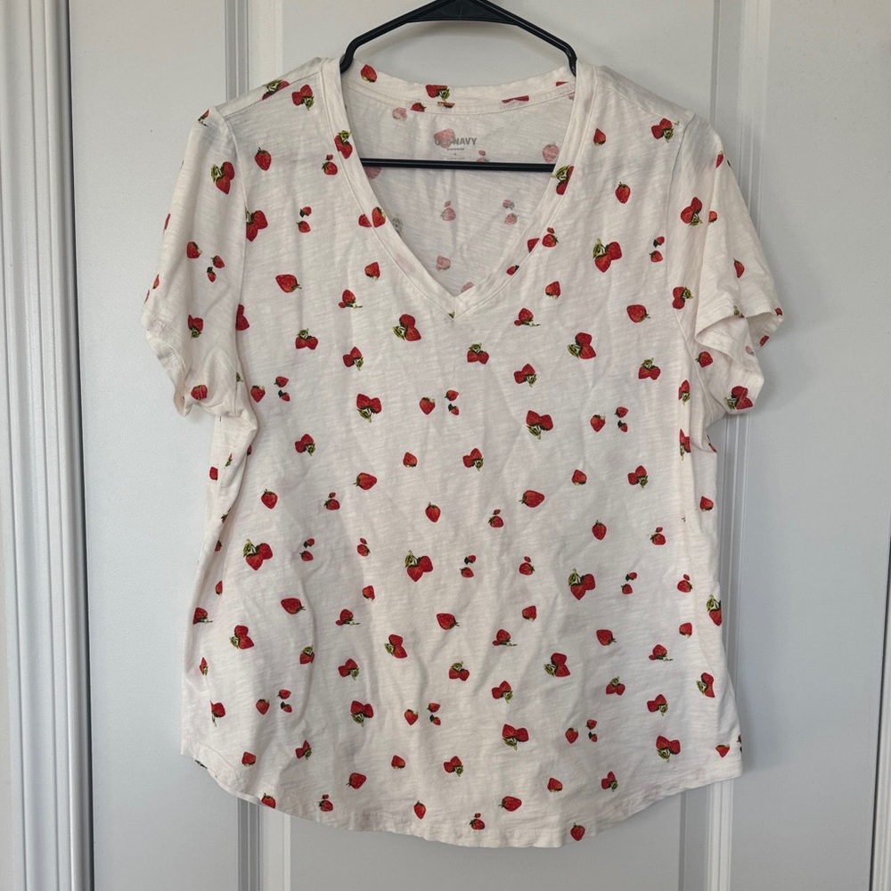 Old Navy White V-Neck Tee with Red Strawberry Motif